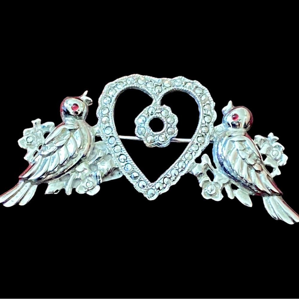 Vintage Sterling Lovebirds Heart Brooch/Pin